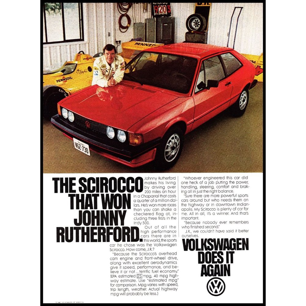 1981 VW Volkswagen Scirocco Red Sports Car Vintage Print Ad Indy 500 Wall Art